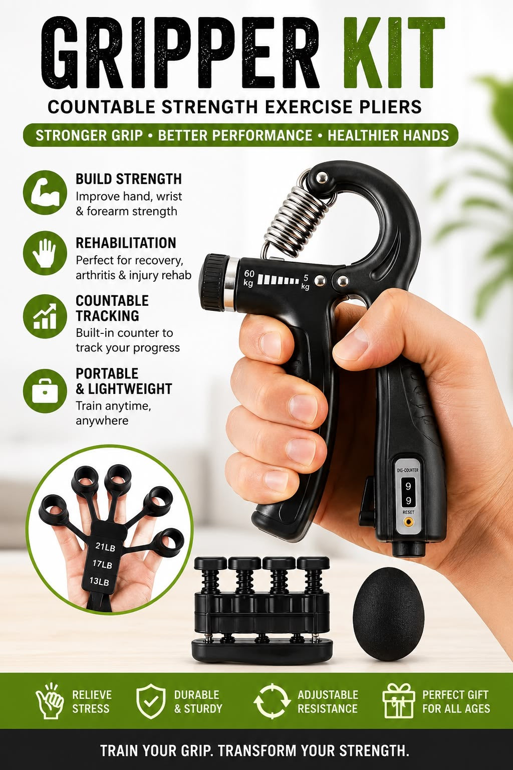 Premium 5kg to 60kg Adjustable Hand Gripper